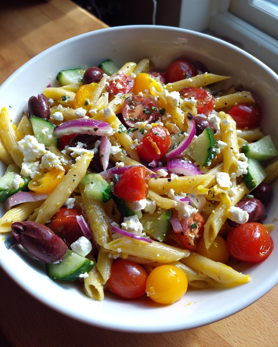 Overhead shot of a quick mediterranean pasta salad with tomatoes, olives, feta, and cucumber.