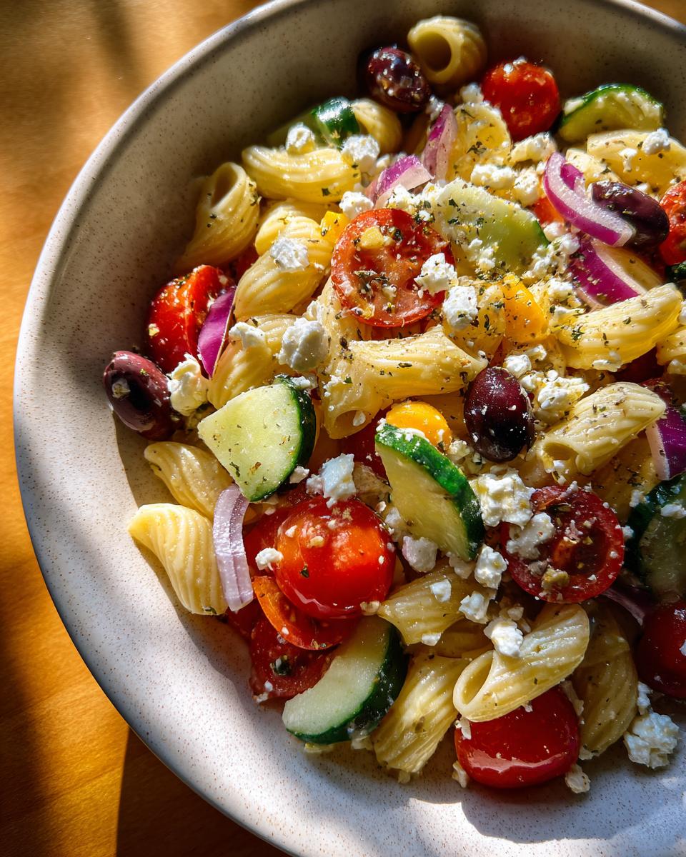 Close-up of a bowl of quick mediterranean pasta salad with tomatoes, olives, cucumber, and feta.