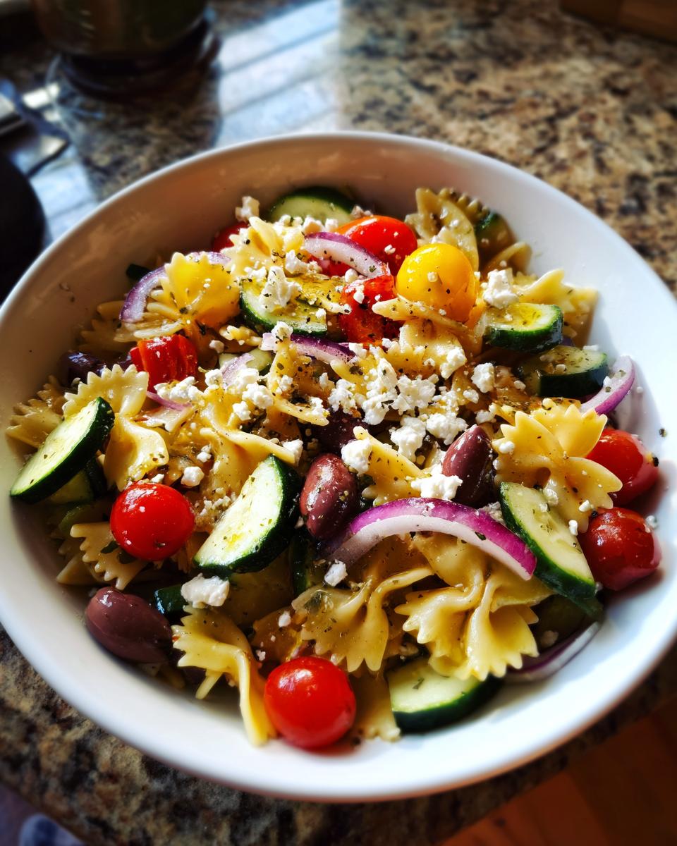A bowl of quick mediterranean pasta salad with tomatoes, olives, feta, and cucumber.