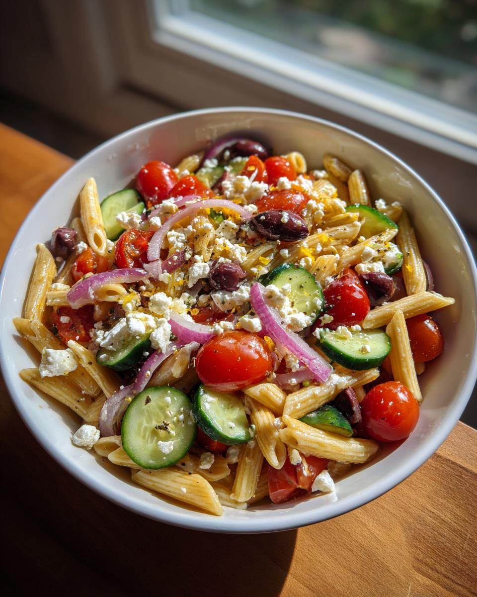Overhead shot of a quick mediterranean pasta salad with pasta, tomatoes, cucumbers, olives, and feta.