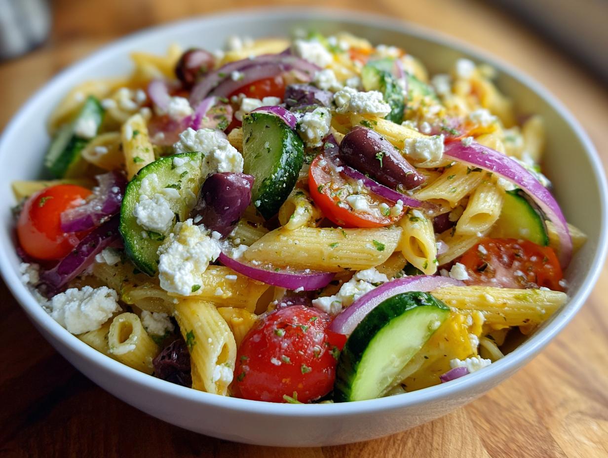 Close-up of a bowl of quick mediterranean pasta salad with tomatoes, olives, cucumber, and feta.