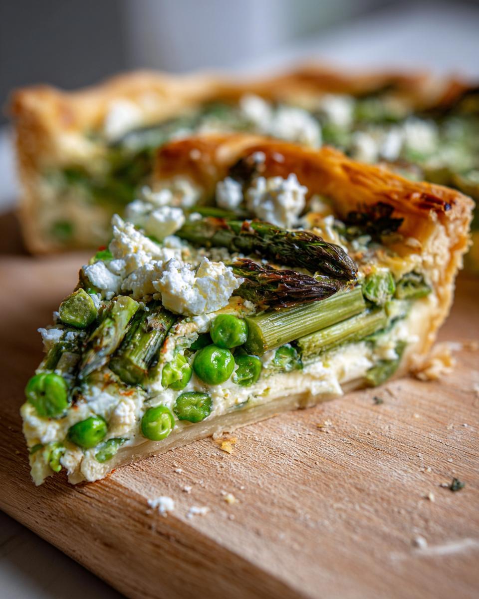 Close-up of a slice of asparagus and pea tart, perfect for Spring Baking Recipes.