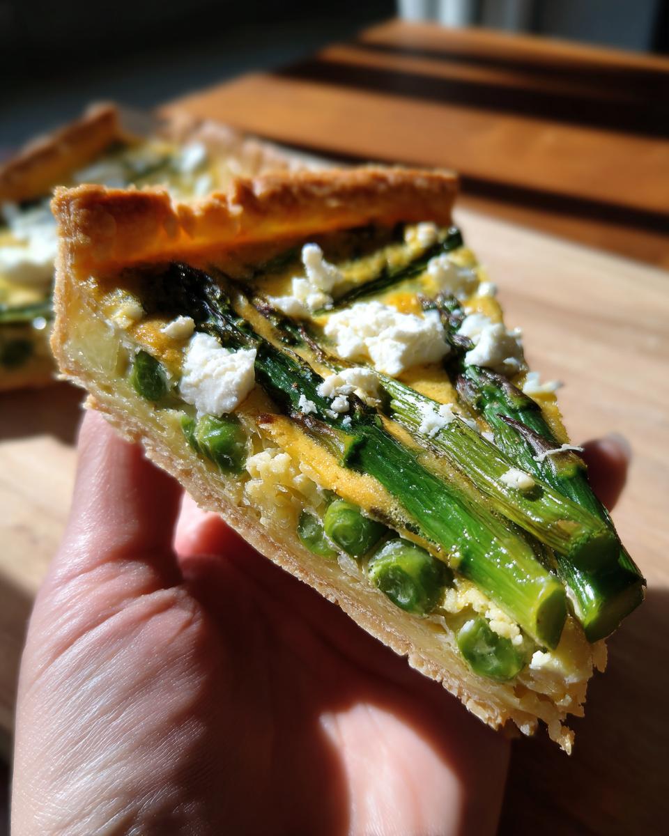 Close-up of a slice of asparagus tart, a delicious recipe for Spring Baking Recipes.