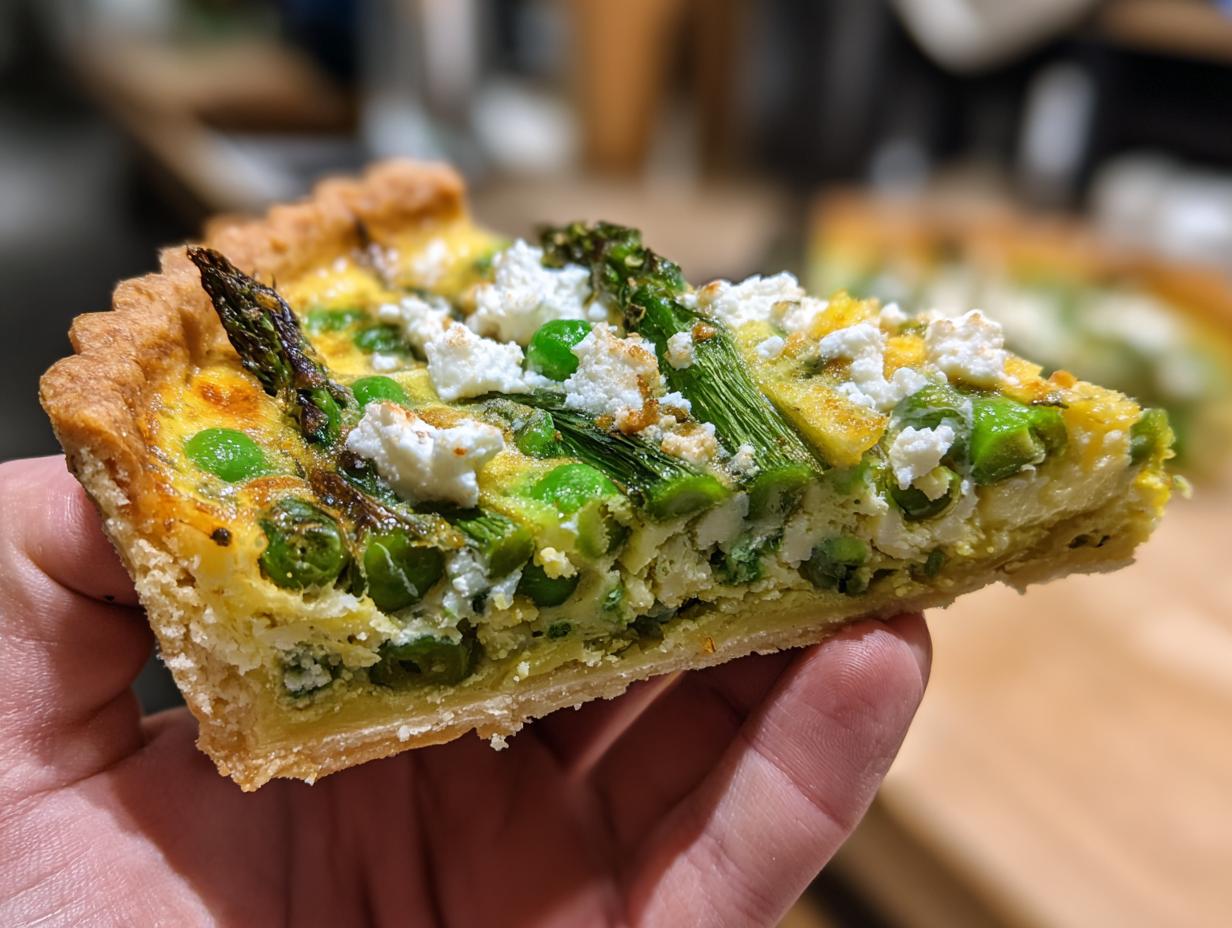 Close-up of a slice of asparagus and pea tart, a perfect example of Spring Baking Recipes.