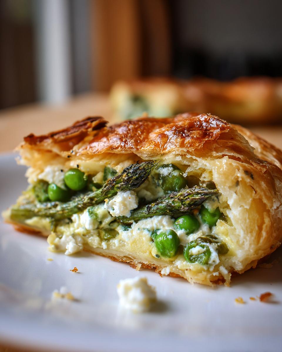 Close-up of a slice of spring tart with asparagus, peas, and cheese. A delicious Spring Baking Recipes idea.
