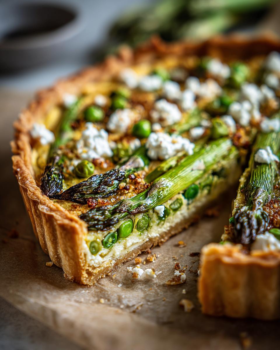 Close-up of a spring tart with asparagus, peas, and cheese, perfect for Spring Baking Recipes.