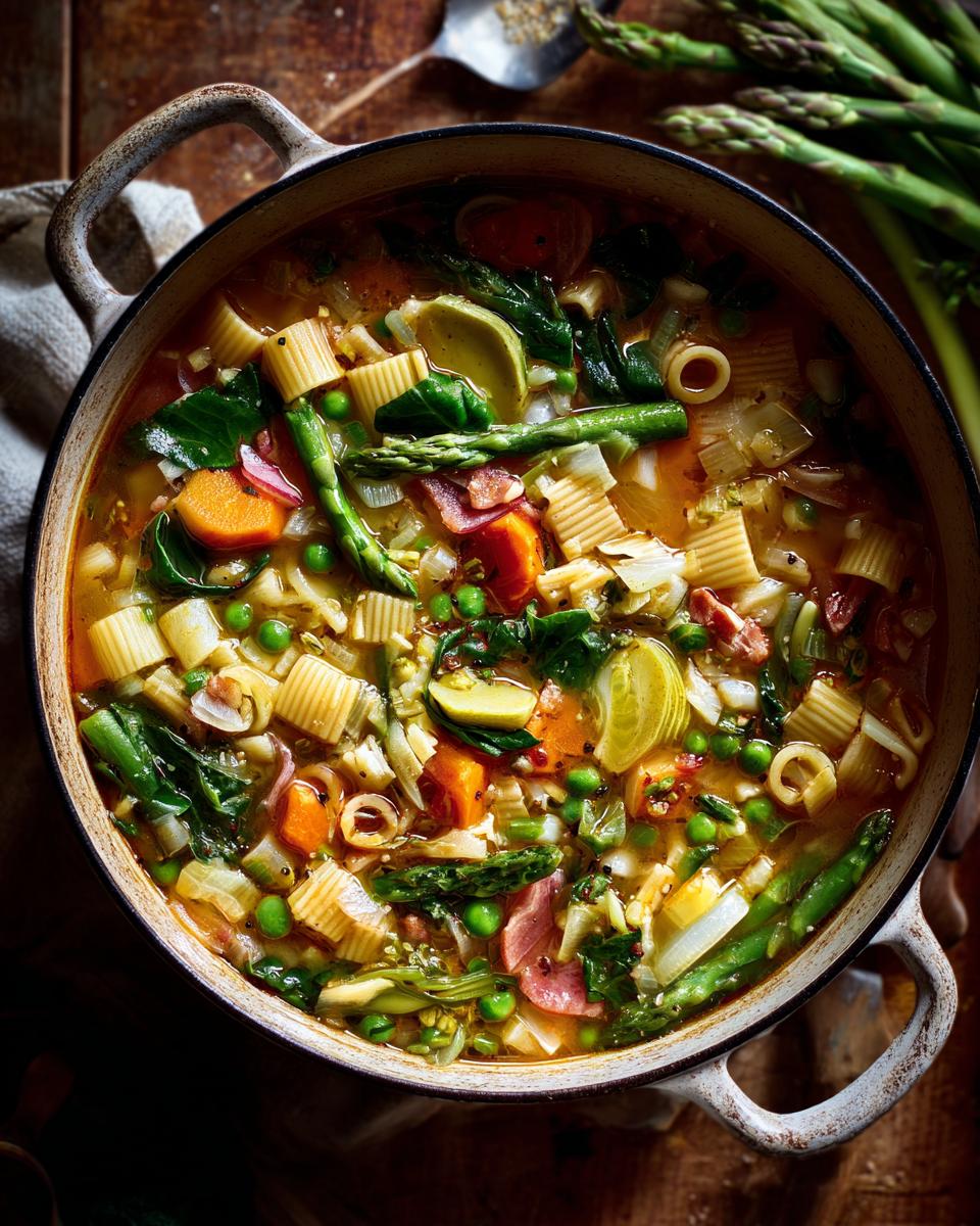 Overhead shot of a pot of Spring Vegetable Minestrone with fresh vegetables and pasta.