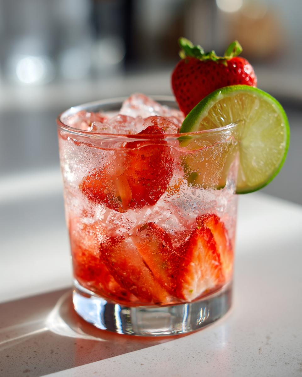 Close-up of a Strawberry Lime Vodka Smash cocktail with fresh strawberries and lime.