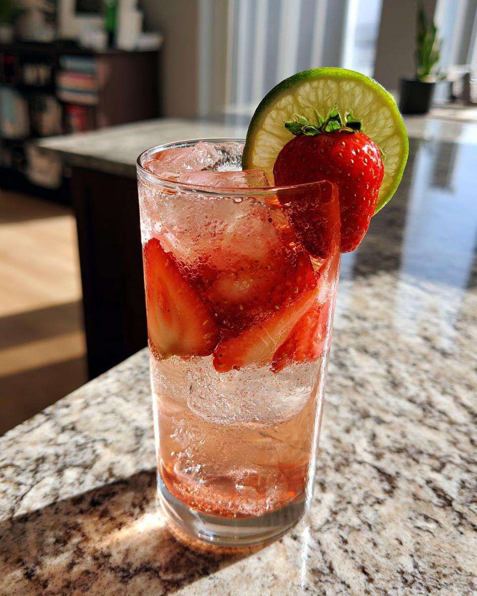 A tall glass of Strawberry Lime Vodka Smash cocktail with fresh strawberries and lime.