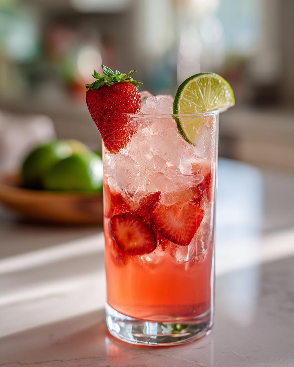 A vibrant Strawberry Lime Vodka Smash cocktail with fresh strawberries, lime, and ice.