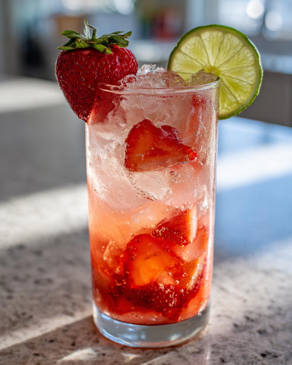 A tall glass of Strawberry Lime Vodka Smash cocktail with fresh strawberries and lime.