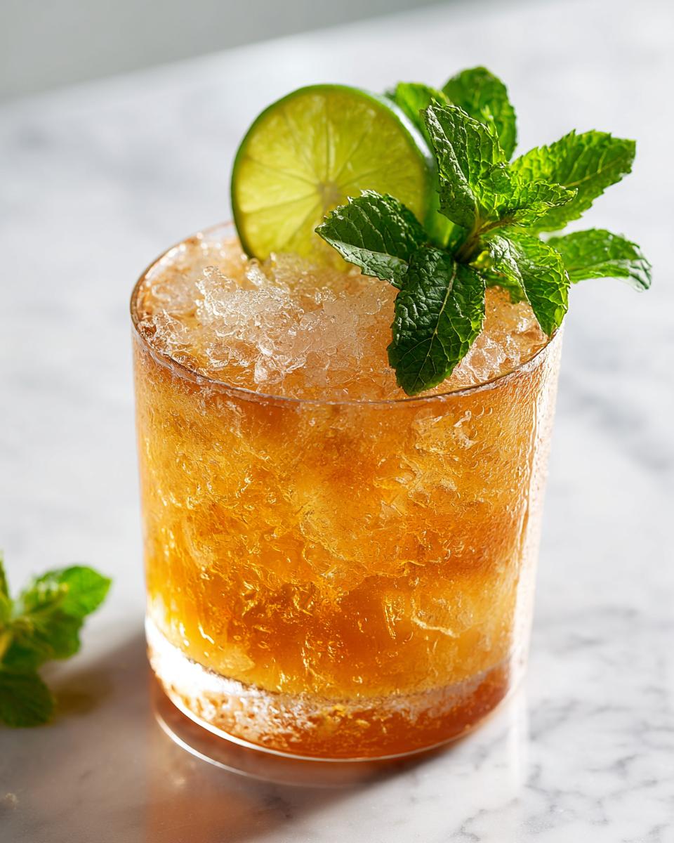 Close-up of a refreshing summer cocktail with crushed ice, mint sprig, and a lime slice. Perfect for 16 Ultimate Summer Cocktail Recipes.