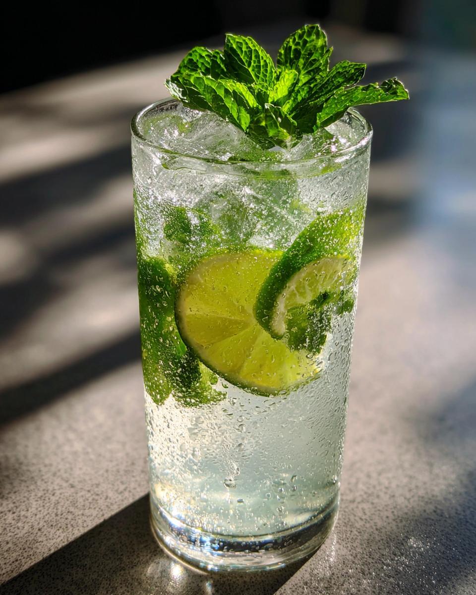Close-up of a refreshing cocktail with mint, lime, and ice, perfect for 33 Easy Summer Cocktails.