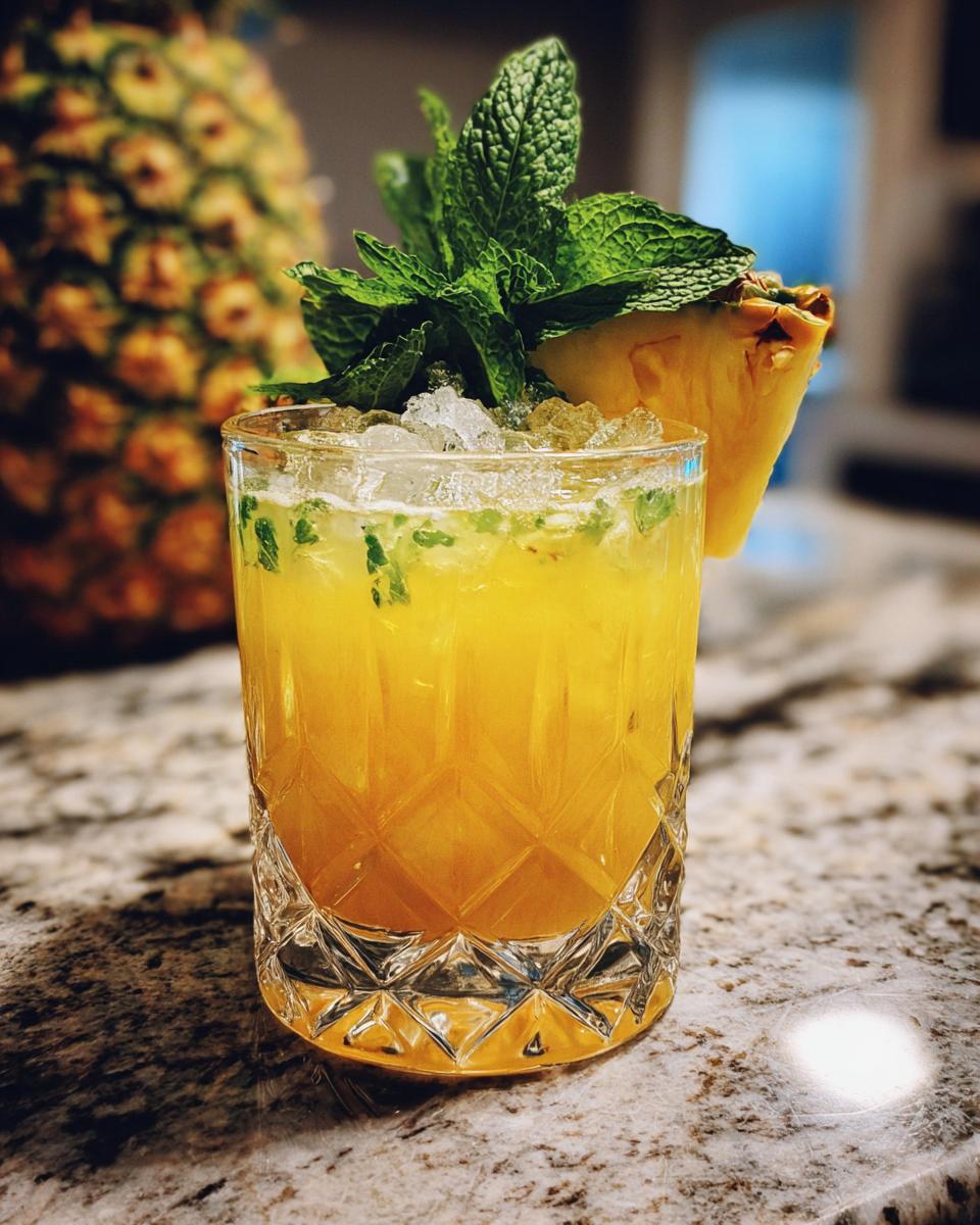 A vibrant Summer Cocktail with pineapple, mint, and ice, perfect for mixing up at home.