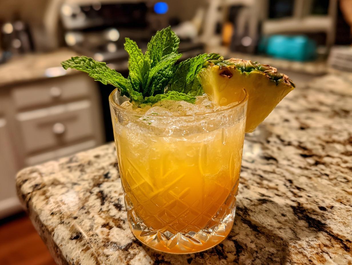Close-up of a summer cocktail with pineapple garnish and mint, perfect for Summer Cocktails That Anyone Can Mix Up at Home.