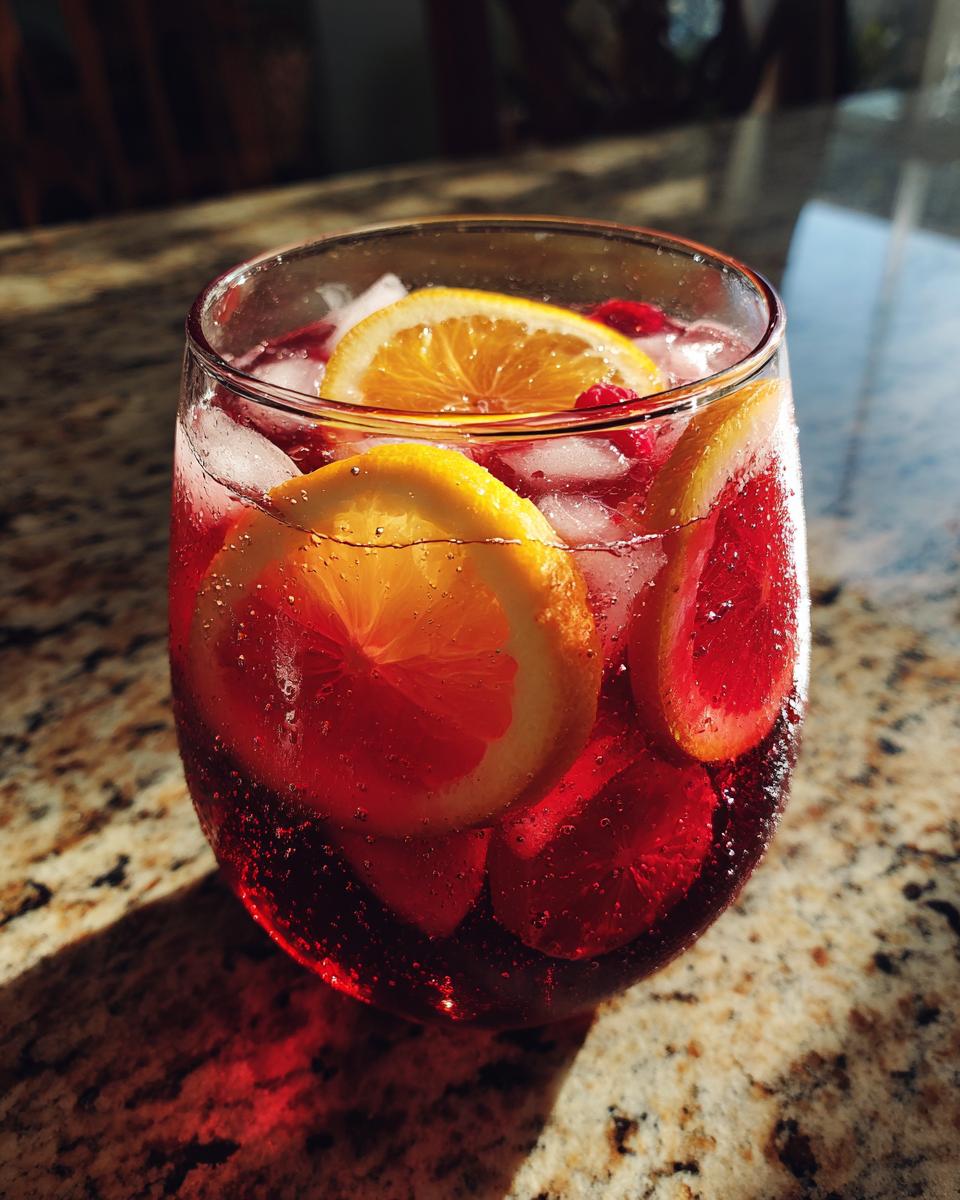 Close-up of a glass of summer sangria with orange slices and ice. Perfect for refreshing sips.