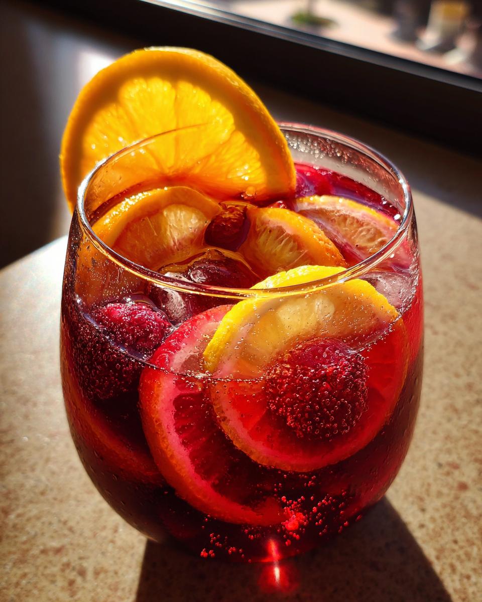 Close-up of a glass of summer sangria with fresh fruit, including oranges, lemons, and raspberries. The perfect summer sangria.
