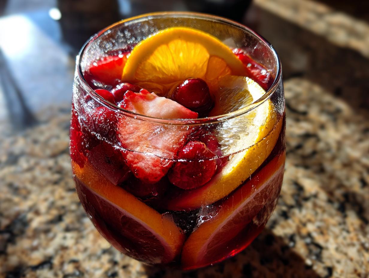 Close-up of a glass of refreshing summer sangria with orange slices, strawberries, and cherries.