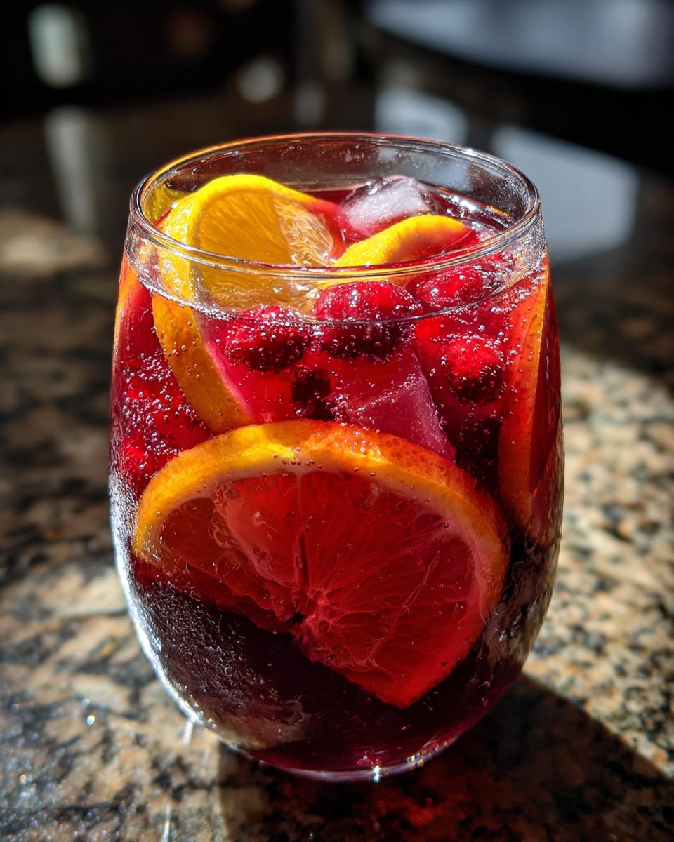 Close-up of a glass of summer sangria with orange slices, berries, and ice cubes. A refreshing summer sangria.