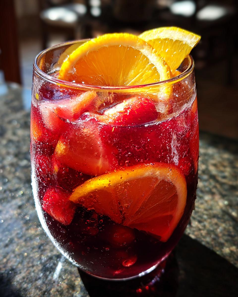 Close-up of a glass of summer sangria with orange slices and berries, perfect for refreshing sips.