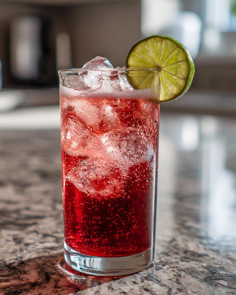 A tall glass of The Driveway Drink, a refreshing red beverage with ice and a lime slice.