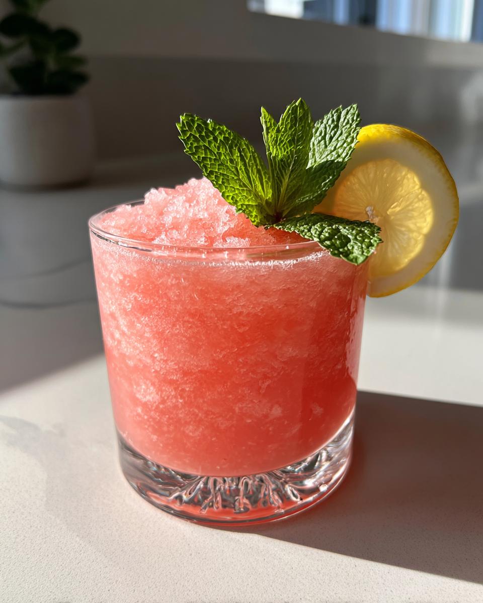 A vibrant Vodka Strawberry Lemonade Slushy garnished with mint and lemon slice, perfect for summer parties.