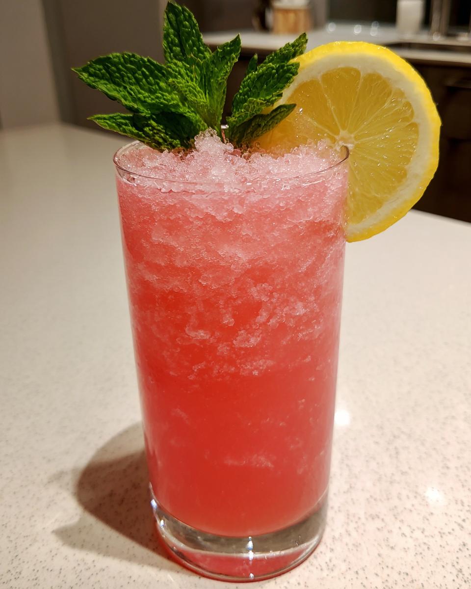 A tall glass of a Vodka Strawberry Lemonade Slushy garnished with mint and a lemon slice.