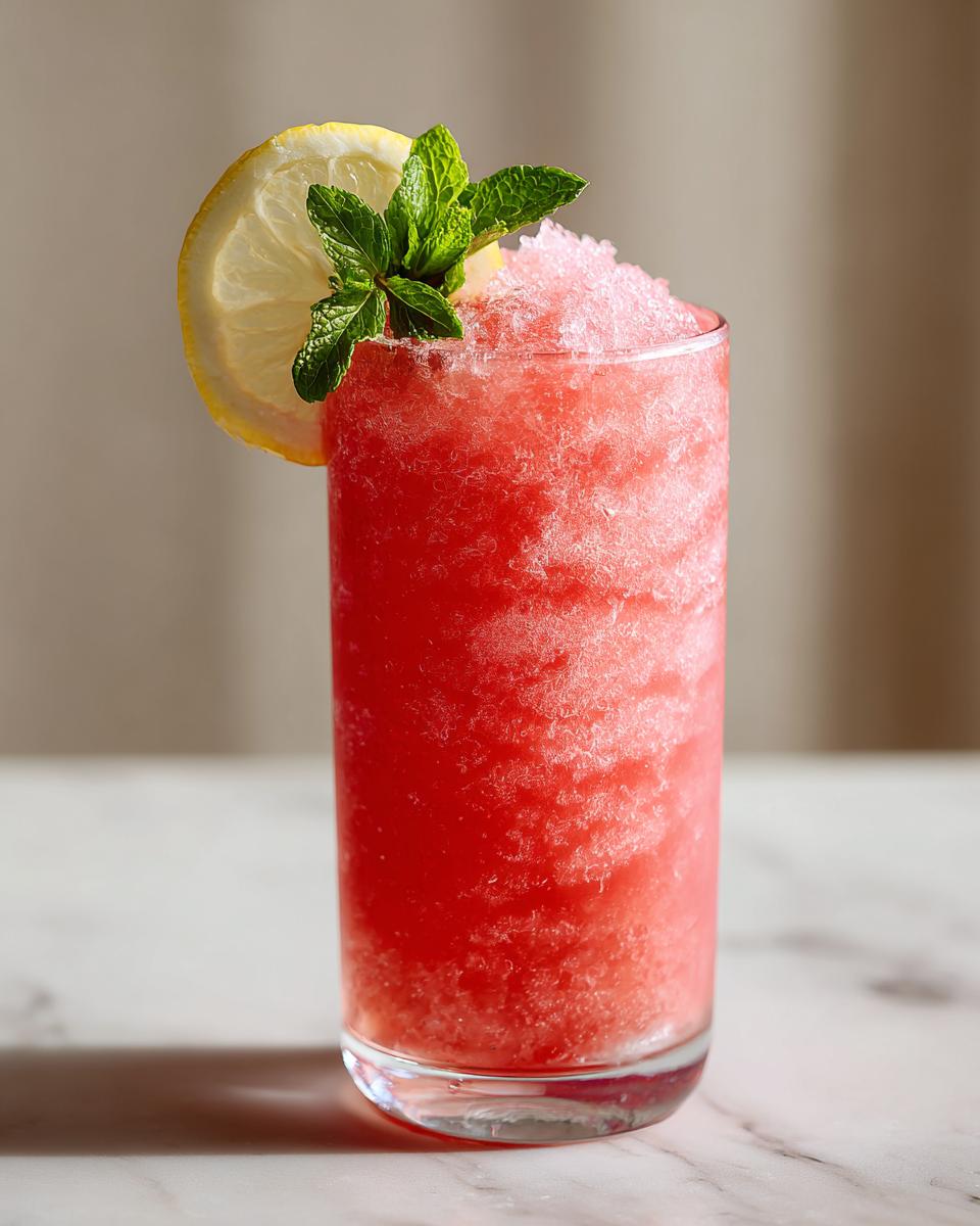 A tall glass of a Vodka Strawberry Lemonade Slushy garnished with lemon and mint.