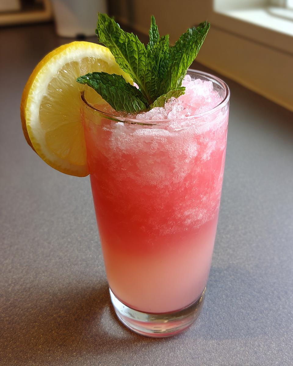 A vibrant Vodka Strawberry Lemonade Slushy garnished with mint and lemon for a summer party.