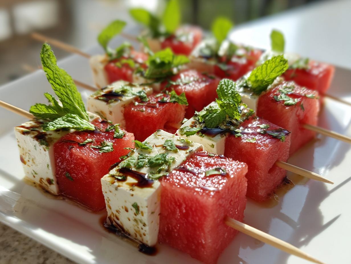 Close-up of Watermelon Feta Skewers on a white plate, garnished with fresh mint and balsamic glaze.