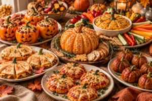 Savory pumpkin-shaped cheese ball, quesadillas, stuffed peppers, pizza, and hummus