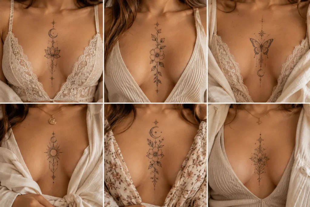delicate sternum tattoo ideas with floral celestial butterfly and ornamental designs