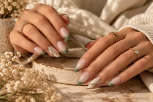 sage green and milky nude transitional manicure ideas