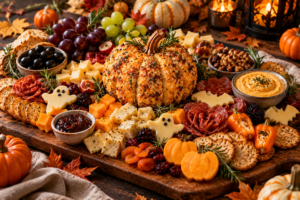 Halloween charcuterie board with pumpkin-shaped cheese ball, crackers, olives, cheese, and salami