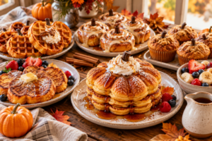 Pumpkin-shaped pancakes, waffles, cinnamon rolls, and muffins for a fall breakfast