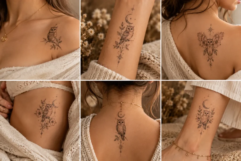 35 dainty owl tattoo ideas for women with fine line floral and celestial designs