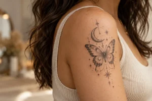 Butterfly and crescent moon tattoo with delicate stars