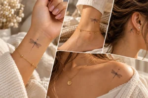minimalist fine line dragonfly tattoos on women's wrist ankle and collarbone