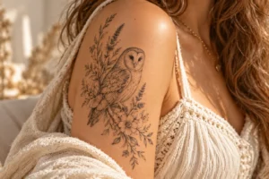 delicate owl tattoos with flowers leaves lavender and botanical details