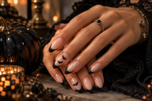 Orange black and purple Halloween bat nail designs