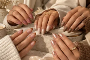 elegant transitional nails with dusty rose mocha beige and caramel shades