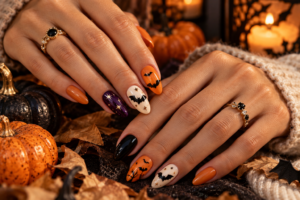Black French tip nails with tiny bat accents for Halloween