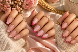 cute pink French tip nail designs with nude and milky pink bases