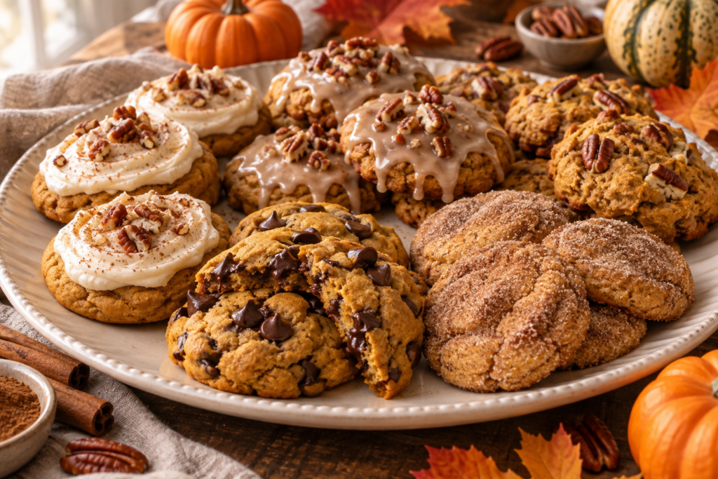 Assortment of homemade pumpkin cookies with chocolate chips, cream cheese frosting, maple glaze, and pecans