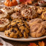 Assortment of homemade pumpkin cookies with chocolate chips, cream cheese frosting, maple glaze, and pecans