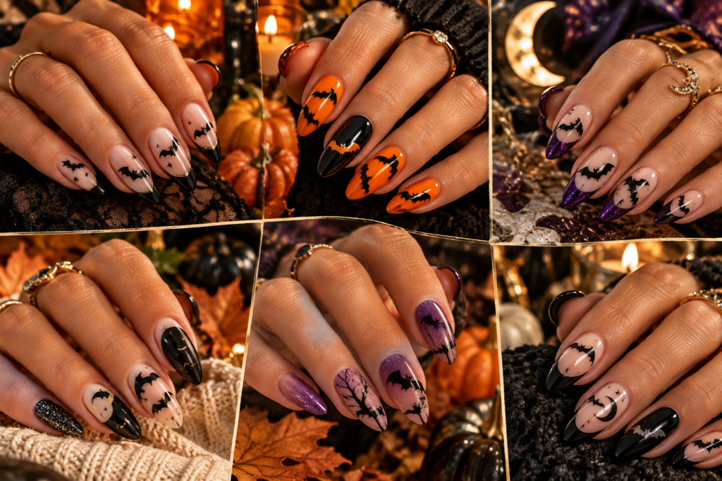 Halloween bat nail ideas featuring black bats pumpkins moons and spooky nail art