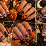 Halloween bat nail ideas featuring black bats pumpkins moons and spooky nail art