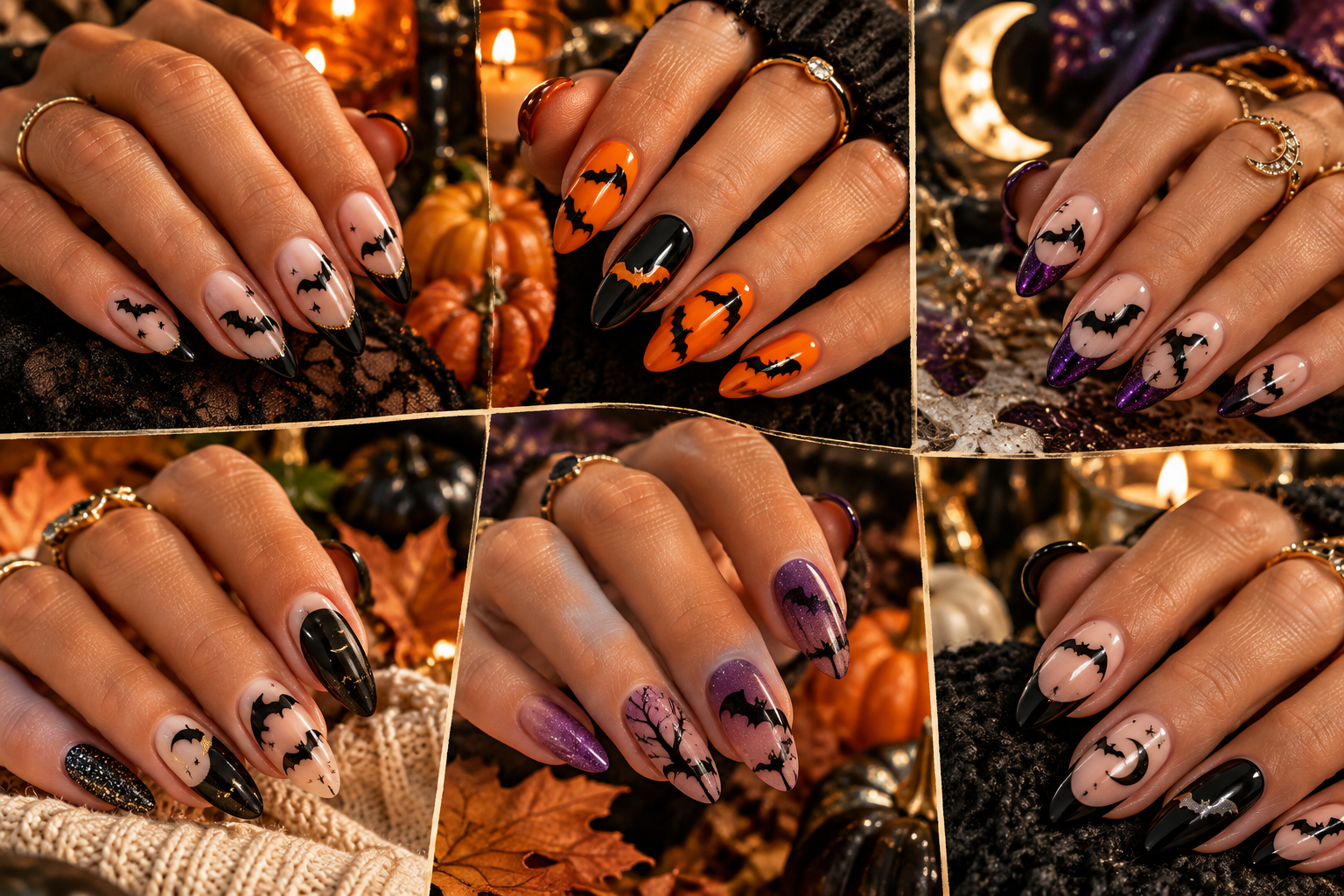 Halloween bat nail ideas featuring black bats pumpkins moons and spooky nail art