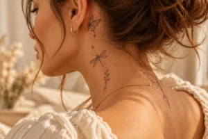 delicate butterfly and dragonfly neck tattoo ideas with fine line details