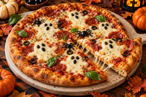Homemade Halloween pizza with mozzarella ghosts, pepperoni, and black olives
